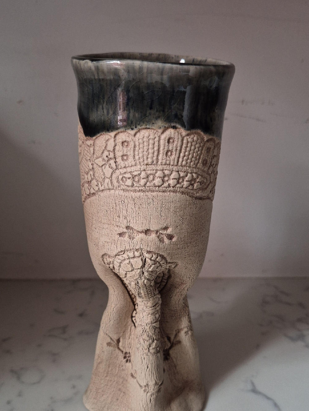 Handmade Ceramic Vase with Beige Textured Body and Dark Glaze 2 1/2" X 7".